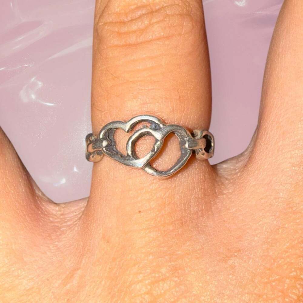 Vintage Y2K Connected Hearts Link Ring 925 Sterling Silver Boho Size 5